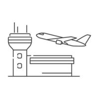 Icono de aeropuerto y avión. Arte de línea de revestimiento de aire. Esquema de ilustración plana vectorial. Aislado en un fondo blanco. vector