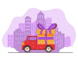 Christmas delivery truck gift box.Night winter city skyline with skyscrapers. Winter time falling snow. Downtown area with fir trees.Vehicle side view.Vector flat illustration. vector