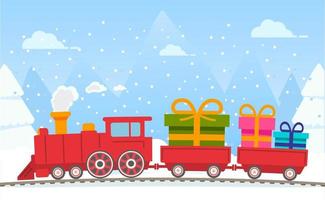 locomotora de vapor roja de navidad con vagones con regalos. regalos de vacaciones de invierno. ilustración plana de vector. .tren retro entrega ferrocarril presente.aislado sobre fondo blanco. vector