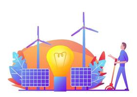 Green alternative energy is an environmentally friendly source of electricity.Man building solar panels and wind turbines.Earth day design. vector