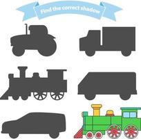 Find the correct shadow transport.Educational game for children car,steam locomotive,truck,tractor,van.Isolated on a white background.Vector flat illustration.A set of vehicles. vector