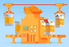 Factory packing conveyor  pumpkin juice of a box .Sweet sparkling water.Flat illustration vector.Concept of design industrial automated food factory machine. vector