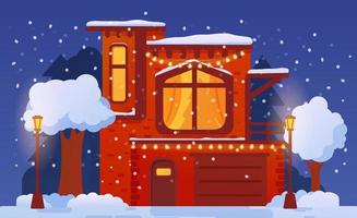 Christmas house decorated with luminous street lights  and covered by snow,. Winter rural landscape with fir trees in the snow. Holiday illustration vector. vector