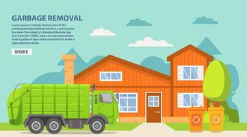 Garbage truck.Urban sanitary loader truck.City service.Vector illustration.House exterior.Home front view facade with roof. Townhouse building.Garbage cans recycling. vector