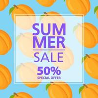 Summer sale banner.Offers a 50 discount.Apricot tropical citrus fruit pattern.Flat vector illustration.Website banner concept.