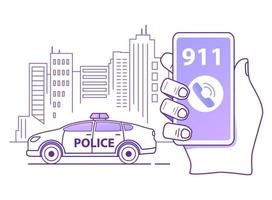 Calling a police patrol car. Hand holds smartphone. Mobile emergency application.Outline flat vector illustration.Isolated on white background.