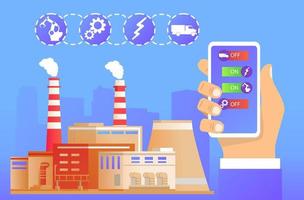 Remote factory management.Smart industry 4.0.The hand holds smartphone about the application Industrial building.Website banner concept. vector