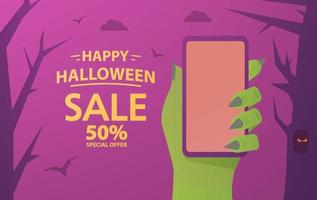 Green zombie hand holds smartphone. Halloween sale festive banner concept.Offers a 50 discount.Flat vector illustration.Night landscape with trees and a bat.