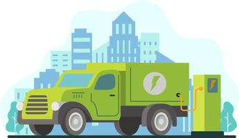 Eco car.Electric pickup truck charging station.Electric refueling.Green energy.City skyline urban landscape with skyscrapers.Power station.Modern technology.Flat vector illustration.