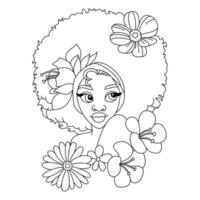 una hermosa niña negra africana con trenzas peinado con algunas flores para colorear ilustración de esquema de página vector