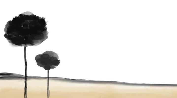 abstract watercolor landscape background with summer yellow field, trees, sky with clouds