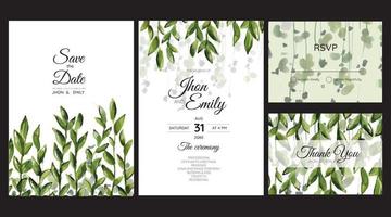 Elegant watercolor wedding invitation card with greenery leaves vector