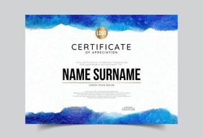 Certificate of appreciation template, gold and blue color. Clean modern certificate with gold badge. Certificate border template with luxury and modern line pattern. Diploma vector template