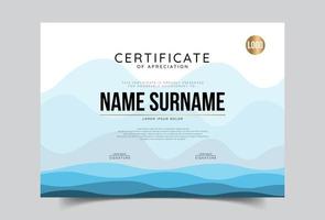 Certificate of appreciation template, gold and blue color. Clean modern certificate with gold badge. Certificate border template with luxury and modern line pattern. Diploma vector template