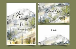 wedding invitation with mountain view watercolor background vector