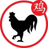 Chinese calendar year of the rooster silhouettes. Asian New Year symbol and Chinese character. The hieroglyph under the corresponding picture. Chinese horoscope symbol vector