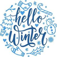 Hello Winter text. Winter background with hand drawn winter elements and text made with brush and ink vector