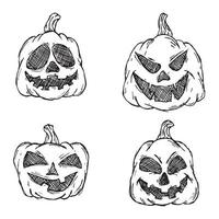 Halloween pumpkins in vector with different face icon set. colored Hand drawn illustration. Monsters faces. Design elements for logo, badges, banners, labels, posters