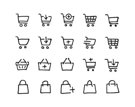 Sketch hand drawn Shopping cart, basket, and shopping bag icon set. Collection of web icons for online stores, icons in various shapes Colored with yellow color vector