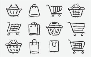 Shopping cart icon set. Collection of web icons for online stores, from various basket icons in various shapes. sketch hand drawn icon set vector