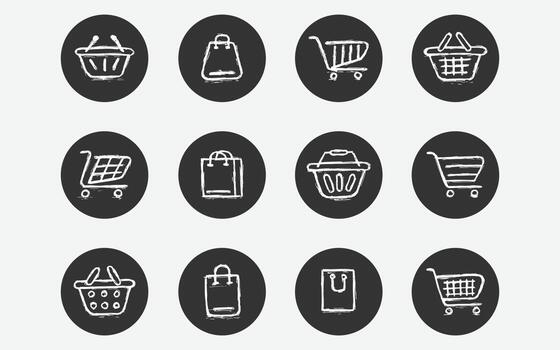 Shopping cart icon set. Collection of web icons for online stores, from various basket icons in various shapes. sketch hand drawn icon set vector