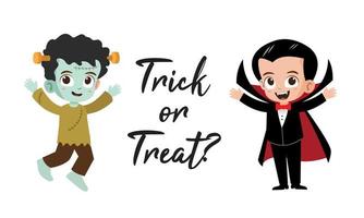 Trick or treat lettering with cute kids in Halloween costumes vector