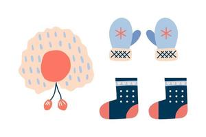 Set of winter clothes fur hat, mittens and boots. vector illustration