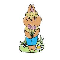 Cute little boy rabbit with flowers. Vector hand drawn cartoon illustration.