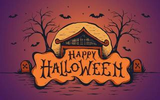letras o caligrafía de feliz halloween con fondo de casa embrujada. ilustración vectorial