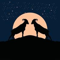 twins billy goat silhouette at the full moon night - goat, sheep, lamb logo emblem or button icon silhouette - mammal, animal vector icon