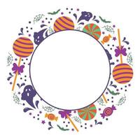 Round Halloween frame with ghosts, cobwebs and sweets, vector illustration