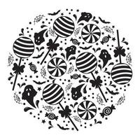 Round Halloween frame with ghosts, cobwebs and sweets, vector illustration
