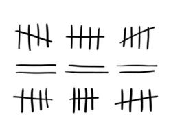 Tally marks or prison wall signs isolated. Hand-drawn four sticks crossed out by line. Vector illustration waiting counted marks, lines crossed out with a diagonal line.