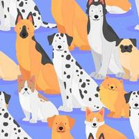 Seamless pattern with dogs of different breeds on a blue background. Sitting dogs in cartoon flat style. Vector illustration background.