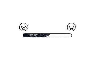 Doodle emoji loading bar. Hand-drawn progress bar with upload status from sad to happy emoji. Black on white shaded mood loading bar. Mood ratings isolated illustration vector. vector