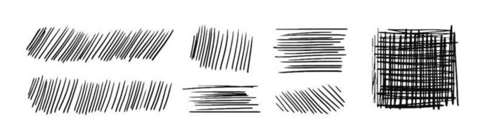 Drawn hatching lines and a crossed-out square. Diagonal, vertical, or parallel strokes. A set of hand drawn hatched strikethrough doodles. Vector stock illustration isolated on white.