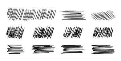 Collection of drawn hatching lines diagonal, vertical or parallel strokes. A set of hand drawn hatched strikethrough doodles. Vector stock illustration isolated on white.