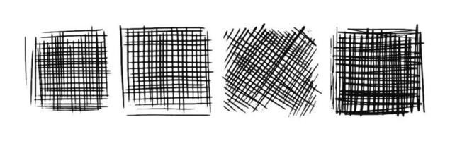 Drawn hatching squares. A set of hand drawn hatched strikethrough doodles. Diagonal, vertical, or parallel square strokes. Vector stock illustration isolated on white.