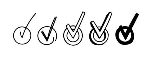 Round checkboxes with tick. Hand-drawn scribble check marks. Set Vector illustration of different doodle signs of correct answer, done, vote.