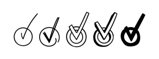 Round checkboxes with tick. Hand-drawn scribble check marks. Set Vector illustration of different doodle signs of correct answer, done, vote.