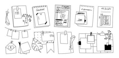 A set of sheets of scribbled paper torn from notebooks. Different types of doodle memos, notes, reminders. Wall photo grid with plants, flowers. Hand-drawn envelope with letter, photos and stickers. vector