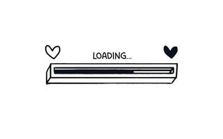 Doodle love loading bar. Hand-drawn 3D progress bar from empty heart to full. Black on white concept of web page upload with caption above download status. Vector illustration isolated on white.