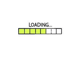 Green doodle loading bar. A hand-drawn progress bar divided into squares with a green loading indicator. Colored concept of web page download. Vector illustration isolated on white background.