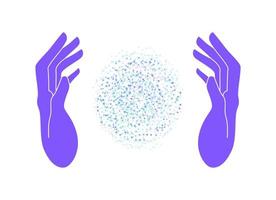 Colored silhouette of hands. Concentration of energy between hands. Hand drawn concept of hands with healing energy. Vector illustration isolated on white background.