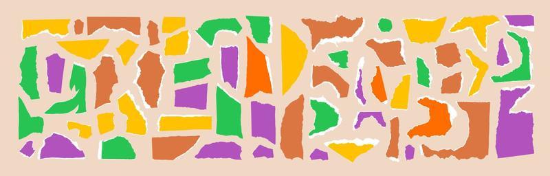 Set of torn colored paper with white edge isolated on beige background. Vector illustration of torn paper scraps of different sizes and shapes. Crumbled colored pieces of pages.
