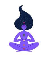 siete chakras. la mujer está sentada en posición de loto, las manos están conectadas. en el cabello de las estrellas, el espacio. la mujer está meditando. ilustración vectorial de color de una chica en armonía consigo misma. vector