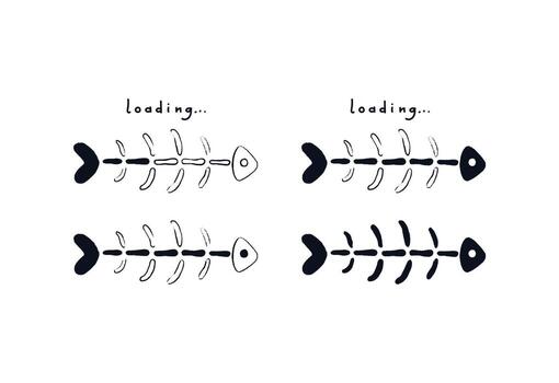 Fish bone loading bar. Doodle fish skeleton with loading indicator. Vector stock illustration sketch of bare ridge isolated on white background.