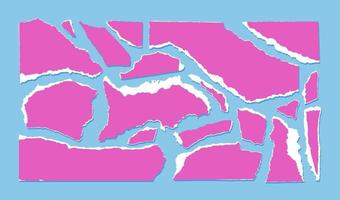 Torn pink paper with white edge isolated on light blue background. Vector illustration of torn paper scraps of different sizes and shapes. Crumbled colored pieces of pages.