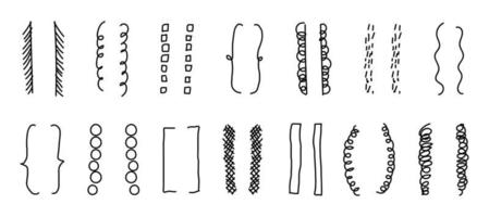 Hand-drawn doodle brackets. Set of scribble brackets in black on white. Shaded, round, square, wavy frames for text. Vector illustration of isolated silhouettes of parenthesis.