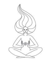 mujer en el contorno de la posición de loto. dibujando energía reiki entre manos femeninas. conexión de ilustración de línea vectorial de una persona con lo divino aislado en un fondo blanco. vector